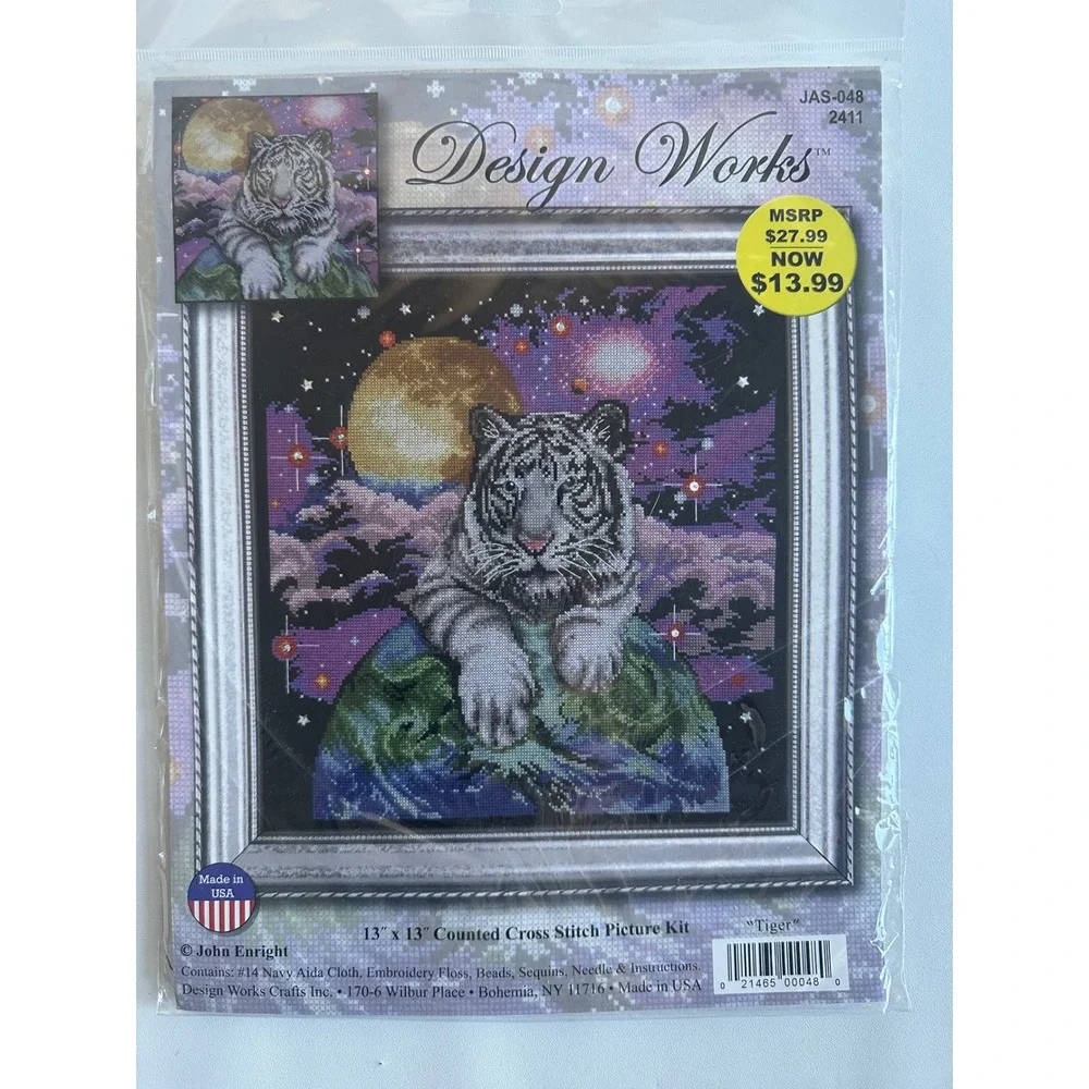 Design Works Tiger Counted Cross Stitch Kit John Enright 13x13 Navy Aida JAS-048